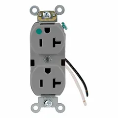 This LEVITON duplex receptacle is a hospital-grade general purpose outlet with NEMA 5-20R configuration. Rated 125V AC and 20 A, it is suitable for power distribution in healthcare and other commercial environments requiring enhanced durability. The gray finish allows for visual coordination with facility interiors.
