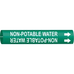 Green snap-on pipe marker with white legend reading 'Non-Potable Water' and directional arrows. Fits pipe outer diameters from 2-1/2 to 3-7/8 inches. Used to identify non-potable water lines in industrial piping systems.