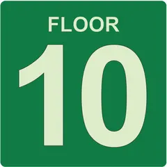 This adhesive-mounted plastic floor sign measures 8 in x 8 in nominal size. It features glow-in-the-dark capability for visibility in low-light conditions and is not retroreflective. Typical applications include marking emergency exits, pathways, or hazards in industrial and commercial facilities.