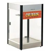 This heated display case features one rotary shelf and is suited for concession stands, snack bars, and retail food environments to keep product warm and visually appealing. It operates on 120V AC, drawing 130W and 1.1A, with a black/silver finish
