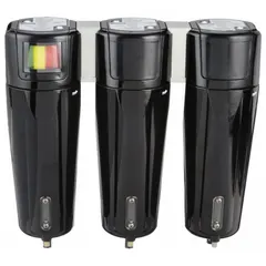 Three-stage coalescing filter assembly for compressed air systems. Provides 0.01 micron particulate removal and aerosol coalescing. Features 1 in NPT connection, 154 cfm flow capacity, and maximum operating temperature of 130°F. Suitable for applications requiring high-purity air.