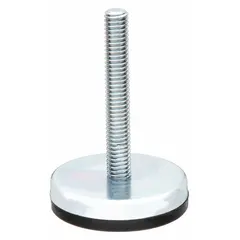 Round base leveling mount with 1/4"-20 thread size and rubber thrust pad. Supports 250 lb load capacity. Used for leveling and stabilizing machinery, equipment, or workstations on uneven floors while providing vibration dampening.