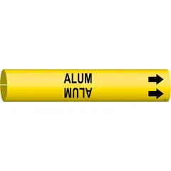 Snap-on pipe marker with yellow background and black legend text reading 'Alum'. Fits pipe outer diameter 2-1/2 to 3-7/8 inches. Includes directional arrows to indicate flow. Used for identifying pipe contents in industrial piping systems.