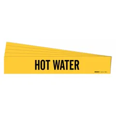 Yellow adhesive pipe marker with black legend reading 'Hot Water'. Fits pipe outer diameters from 2-1/2 to 7-7/8 inches. Pack of 5 markers without directional arrows. Used for identifying hot water piping in facility and industrial applications.