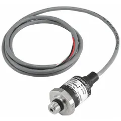 Pressure transmitter with 0 to 5000 psi range and 1 to 5V DC output. Features ±0.5% accuracy, nylon housing, 7/16 in Male SAE process connection, and IP67/NEMA 4X rating for washdown or outdoor use. Overpressure 1.5x range, burst pressure 5x range. No NIST-traceable calibration certificate included.
