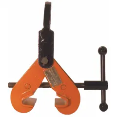 Steel beam lifting clamp for bottom flange mounting. Jaw opens from 3 in to 7 1/2 in. Used to attach hoists or cranes to steel beams for lifting and positioning in construction, rigging, and industrial maintenance.