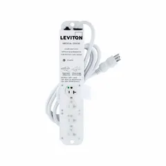 White healthcare power strip with 4 outlets, 7 ft cord, 20 A rating, and 644 J surge protection. Features a 5-20P plug and 5-20R receptacle with screw mounting. Suitable for powering equipment in medical environments.
