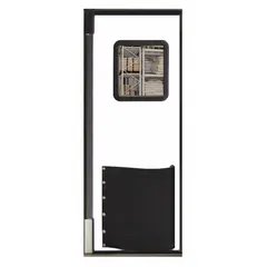 White polyethylene washdown swinging door with one door, 7 ft height and 2 1/2 ft width. Includes a polycarbonate window, door seals, and hardware. Suitable for environments requiring frequent washdown and sanitary conditions.