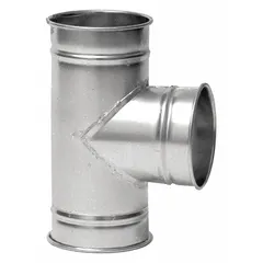Stainless steel branch fitting for 4 in duct diameter with a 90° angle and 12 in overall length. Used to connect ductwork at a right angle, splitting or merging airflow in ventilation and material handling systems.