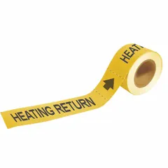 Yellow adhesive pipe marker on a roll with yellow legend reading 'Heating Return' and directional arrows. Designed for pipes with outer diameter 2-1/2 to 6 inches. Each roll contains 25 markers. Used to identify heating return pipes in industrial piping systems, aiding in maintenance and system modification tasks.