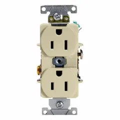 This LEVITON duplex receptacle is a general-purpose outlet rated 125V AC, 15 A with a NEMA 5-15 configuration. The 2-pole/3-wire design supports grounded plugs, and the ivory finish matches standard wall plates. It is suitable for powering common electrical devices in residential, commercial, and light-industrial settings.
