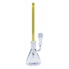 This 50 mL glass specific gravity bottle features a narrow mouth and a ground-glass stopper closure. It is colorless and measures 186 mm in length. Used for precise density determinations of liquids in laboratory settings.