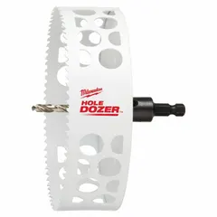 This bi-metal hole saw with attached arbor cuts through wood, metal, and plastic. It features a 4-1/4 in diameter, 3/5 teeth per inch, and a maximum cutting depth of 1-5/8 in. The 5/8-18 thread arbor allows direct mounting on compatible power tools. Suitable for general construction, electrical, and plumbing applications requiring clean holes in multi-materials.