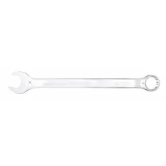 This SAE 12-point combination wrench is constructed from alloy steel with a chrome finish. It features a 9/16 in head size and a 7 1/2 in overall length with an offset design. The wrench is used for tightening and loosening fasteners in general mechanical and maintenance tasks, particularly where access to recessed bolts is required.