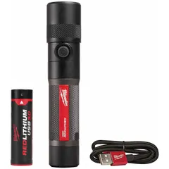 This rechargeable flashlight delivers 1100 lumens with a 1.75-hour run time at maximum brightness. It includes a USB cord charger and one C battery. The black housing is suited for portable illumination in maintenance, construction, and field service tasks.