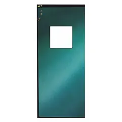 Single-door swinging unit in green vinyl matte finish with an included vinyl window. Measures 3 ft wide by 8 ft high. Supplied with door seals, bumpers, and mounting hardware. Meets USDA standards for use in food processing, cold storage, and other hygienic industrial environments.
