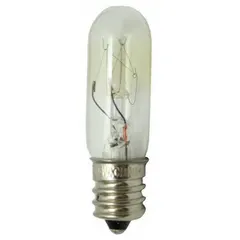 Incandescent miniature lamp with T4-1/2 tubular shape and candelabra screw (E12) base. Rated for 130V AC. Suitable for indicator lights, appliance illumination, and decorative fixtures requiring a compact white light source.