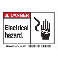 Adhesive-mounted danger sign for marking electric hazard areas. Polyester construction, 0.01 in thick, nominal size 3 1/2 in x 5 in. Not retroreflective or glow in the dark. Sold as a 5-pack