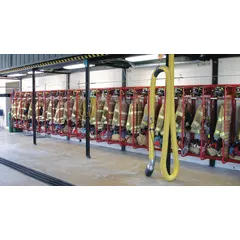 This wall-mount turnout gear rack is constructed of steel with a red finish. It features 8 compartments on a single side and measures 169 inches in length. Designed for organizing and storing turnout gear in fire stations or emergency service facilities, the open compartments allow air circulation to help reduce moisture buildup.