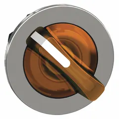 Illuminated selector-switch operator from the Series XB4 range, featuring a metallic bezel and a 30 mm panel mount. The switch has a maintained/maintained action with two positions and no cam included. Suitable for industrial control panels requiring a two-position selector interface for functions such as mode selection or start/stop control.