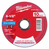 MILWAUKEE Cut-Off Wheel: Type 1, 4 1/2" x 0.045" x 7/8", Aluminum Oxide, 46 Grit, 10 PK (MPN 49-94-0101)