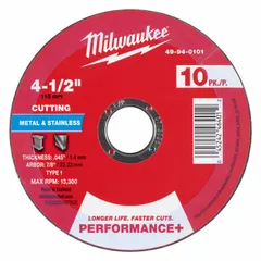 Type 1 general purpose cut-off wheel for carbon and stainless steel. Aluminum oxide construction with 46 grit. Each wheel measures 4-1/2" diameter, 0.045" thickness, 7/8" arbor hole. Sold as a 10-pack. Suitable for metal fabrication, construction, and maintenance cutting applications.