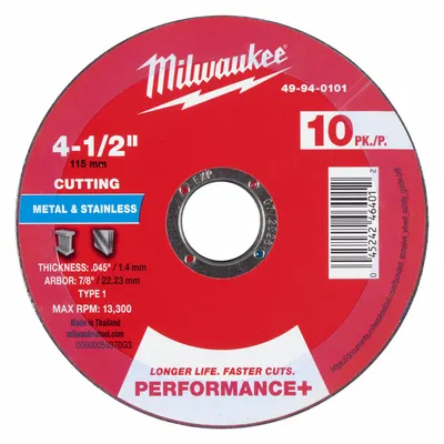 MILWAUKEE Cut-Off Wheel: Type 1, 4 1/2" x 0.045" x 7/8", Aluminum Oxide, 46 Grit - General Purpose Cut-Off Wheels for Carbon & Stainless Steel