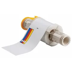 Vinyl precut label rolls with acrylic adhesive, designed for indoor/outdoor use. Each roll contains two label sizes: 4 in x 6 in and 6 in x 4 in. Compatible with BBP85 printer series for on-demand printing of color bars and blank text areas for industrial identification and compliance labeling.