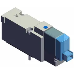 Five-way, two-position solenoid air control valve from the SYJ5000 Series. Single solenoid, plug-in connection, 24V DC coil. Aluminum body. Used to direct compressed air in automated pneumatic systems for actuating cylinders or other pneumatic devices.