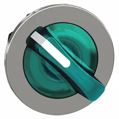 This 30 mm panel mount illuminated selector-switch operator from the Series XB4 features a 2-position maintained/momentary action. The metallic switch bezel provides robust construction for industrial control panel applications. No cam included.
