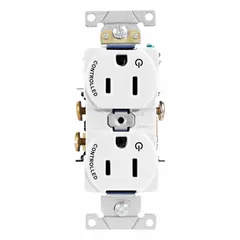 General-purpose duplex receptacle rated 125V AC, 15A with NEMA 5-15 configuration, 2-pole/3-wire grounding. White finish for use in standard wall boxes or workstations in residential, commercial, and light-industrial settings.