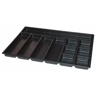 This divider is designed for use in 2-inch deep drawers of Kennedy brand tool chests. It features 11 compartments for organizing small parts such as fasteners, bits, and fittings. The divider is a direct-fit accessory for Kennedy-branded cabinets, helping to keep components sorted and accessible