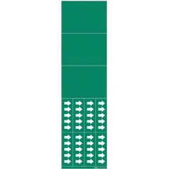 Blank adhesive pipe markers with green background and white legend area, designed for pipes with outside diameter of 3/4 inch and smaller. Each set includes three markers with arrows to indicate flow direction. Suitable for general industrial pipe identification where custom legends are required.