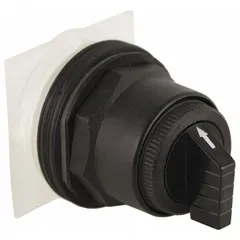 This selector-switch operator is a 30 mm panel-mount device with three positions and a C cam. It features a momentary/maintained/momentary action and a non-metallic switch bezel. Used in industrial control panels for machine functions such as start, stop, and jog.