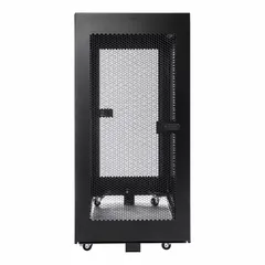 Floor-mount server rack enclosure with 24 rack units, constructed from carbon steel. Measures 47 1/4 in x 23 5/8 in x 42 1/8 in. Includes installed caster kits and side panels. Suitable for housing network equipment and servers in data centers or industrial settings.