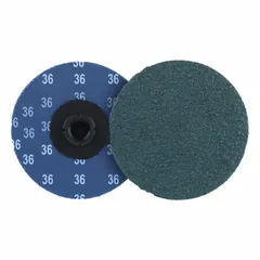 This 3-inch, 36-grit sanding disc from the Tiger Zirc series features zirconia alumina grain on a proprietary weight cloth backing. Designed for aggressive blending and finishing on carbon steel and soft metals. Suitable for surface preparation, weld blending, and deburring applications.