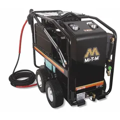 This hot water pressure washer is powered by an 8 hp motor on 230 V three-phase supply, delivering 3,000 psi at 3.5 gpm. It features a belt-driven pump and diesel burner fuel system. Typical applications include cleaning grease, oil, and grime from equipment, vehicles, and industrial surfaces in maintenance and manufacturing environments.