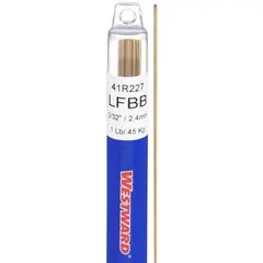 Low-fuming bronze brazing alloy, type RBCuZn-C, supplied as bare rods measuring 3/32 in x 36 in. Tensile strength of 71 ksi and yield strength of 64 ksi. Used for joining steel, copper, and cast iron in applications such as HVAC, plumbing, and industrial piping.