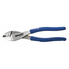Manual pliers-style crimper for attaching wire connectors and terminals to electrical cables. Overall length of 9 1/2 inches. Suitable for general wiring, panel assembly, and maintenance tasks requiring secure crimped connections.