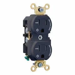 General purpose duplex receptacle rated 125V AC and 20 A. NEMA 5-20 configuration with 2-pole/3-wire grounding. Black finish. Suitable for powering equipment and appliances requiring a 20-amp, 125-volt connection in commercial and industrial settings.