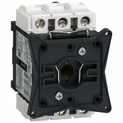 Three-phase enclosed disconnect switch body with non-metallic construction. Features an opening for 6 mm (0.24 in) shaft width. Suitable for on-load switching and isolation in electrical circuits.