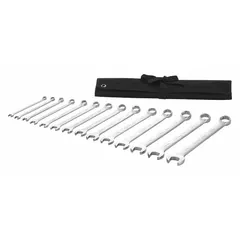 This 14-piece combination wrench set covers metric sizes from 6 mm to 19 mm. Each wrench features a 12-point box end for a secure grip on hex fasteners and an open end for quick positioning. The satin finish provides corrosion resistance in workshop environments. Set includes a storage pouch.