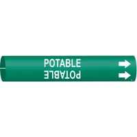 Snap-on pipe marker for identifying potable water lines. Green background with white legend and directional arrows. Fits pipe outer diameter from 3/4 to 1-3/8 inches. Suitable for industrial piping systems requiring clear pipe identification