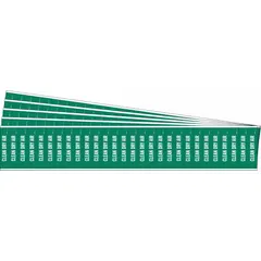 Green background pipe markers with white legend text reading 'Clean Dry Air'. Each pack contains 5 sets of 28 markers, designed for pipes with an outside diameter of 3/4 in and smaller. Supplied without directional arrows. Used to identify filtered and dried compressed air lines in industrial facilities.