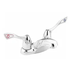 Centerset bathroom faucet with arc spout, constructed of brass with chrome finish. Flow rate of 1.2 gpm. Includes mounting hardware. Suitable for residential and commercial bathroom sinks for hand washing and light cleaning.