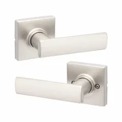 This storeroom lever lockset features a satin nickel-plated zinc finish and is ADA compliant. It is designed for ANSI function F75 (Hall), providing keyed entry from the outside and free egress from the inside. Suitable for commercial doors in storage rooms, utility closets, or back-of-house areas. Not ligature-resistant and has no visual indicator.