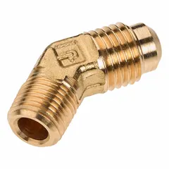 This brass 45-degree flare tube elbow connects 1/2 inch OD tubing to threaded ports in hydraulic, pneumatic, and fluid-handling systems. Its flared/threaded design provides a leak-free seal for industrial machinery, instrumentation, and process control applications.