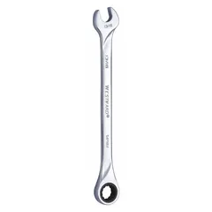 This SAE 12-point ratcheting combination wrench features a 13/16 in head size and 12-1/2 in overall length. Constructed from alloy steel with a chrome finish, it is suited for tightening or loosening fasteners in general industrial maintenance, assembly, and repair tasks.