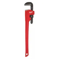 Straight pipe wrench with cast iron construction, serrated jaw, and 5-inch jaw capacity. Overall length of 36 inches with an ergonomic handle for user comfort. Used for gripping and turning pipes, fittings, and round objects in plumbing, construction, and maintenance tasks.