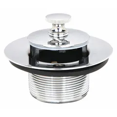 This bathtub drain stopper features a lift-and-turn mechanism for opening and closing the drain. Made of brass with a silver finish, it fits a 1-5/8 in drain opening and includes a gasket for sealing. Suitable for residential and light commercial plumbing applications.